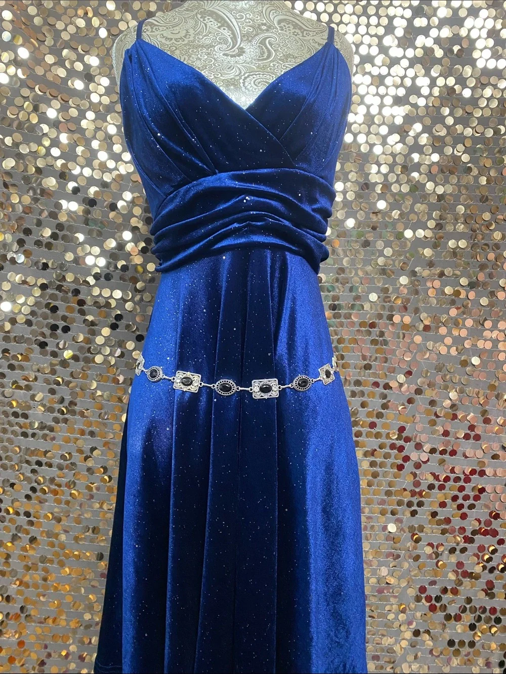 Silver tone and black chain belt #487